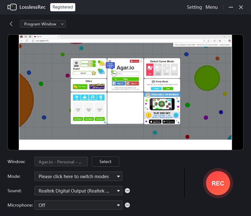 Choose Agar.io window