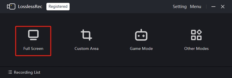 LosslessRec full-screen recording mode and controls
