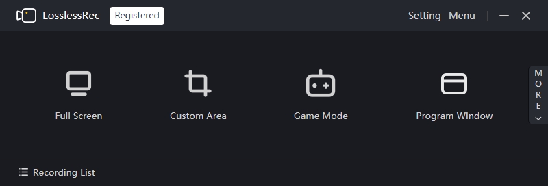 LosslessRec main recording interface with screen, audio, microphone, and webcam controls
